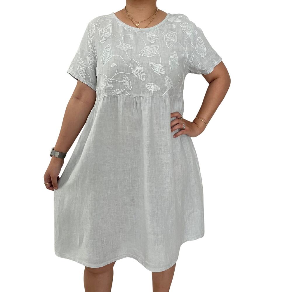 Terzo Millennio Italy 100% Linen Embroidered Light Blue Dress Lagenlook M EUC